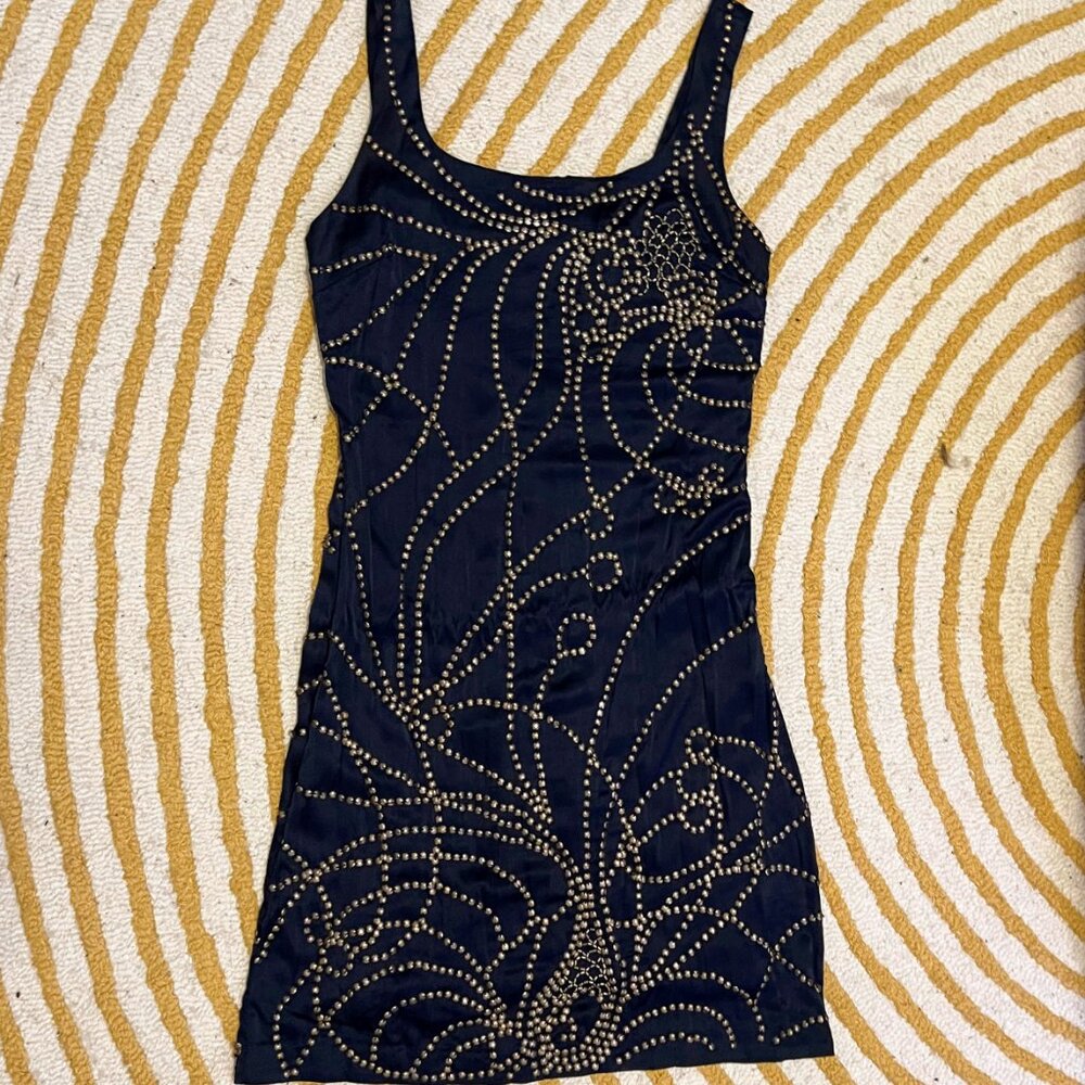 Badgely Mischka Navy Blue Silk Minidress with Gold Embellishments